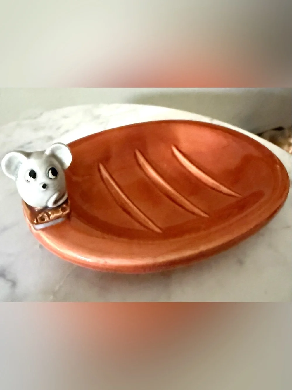 Whimsical Ceramic Orange Soap Dish with Mouse Accent
